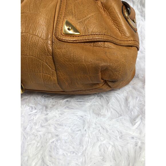 B. Makowsky Heavy Leather Shoulder Boho Handbag Camel Belted Magnetic Closure - Picture 7 of 13